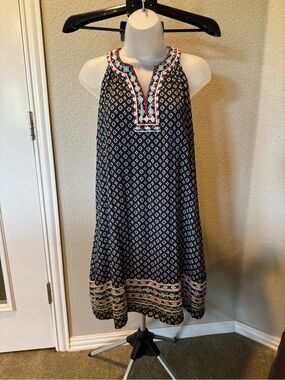 THML Navy Printed Mini Dress with Coral & Mint Trim Sz M